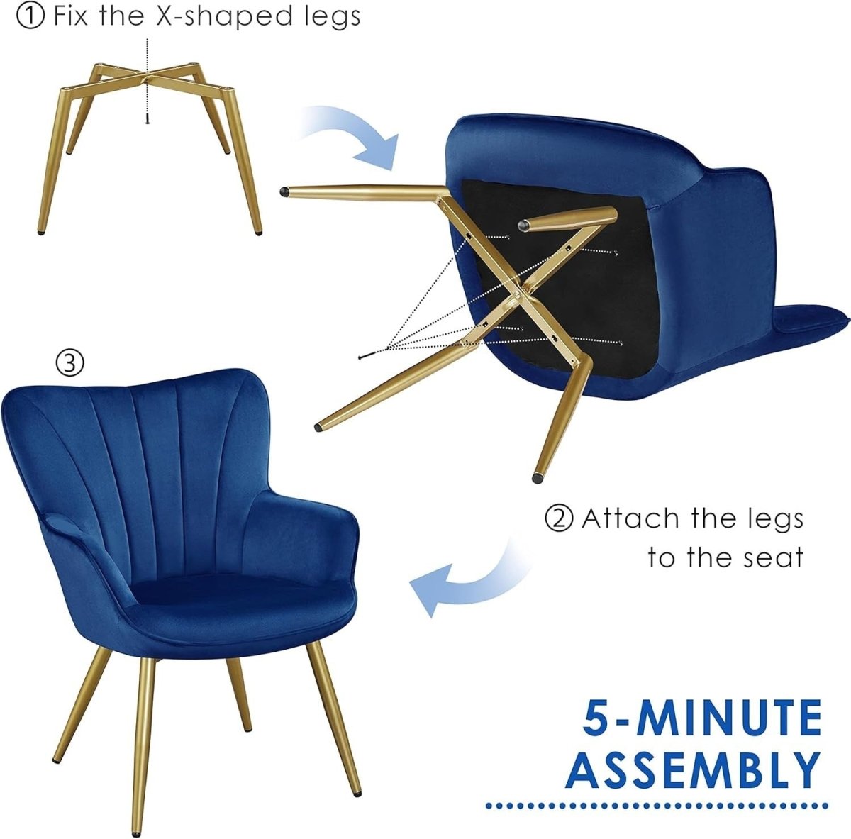 Dark Blue Velvet Accent Chair with High Back for Lounge, Vanity or Office - Kwikley