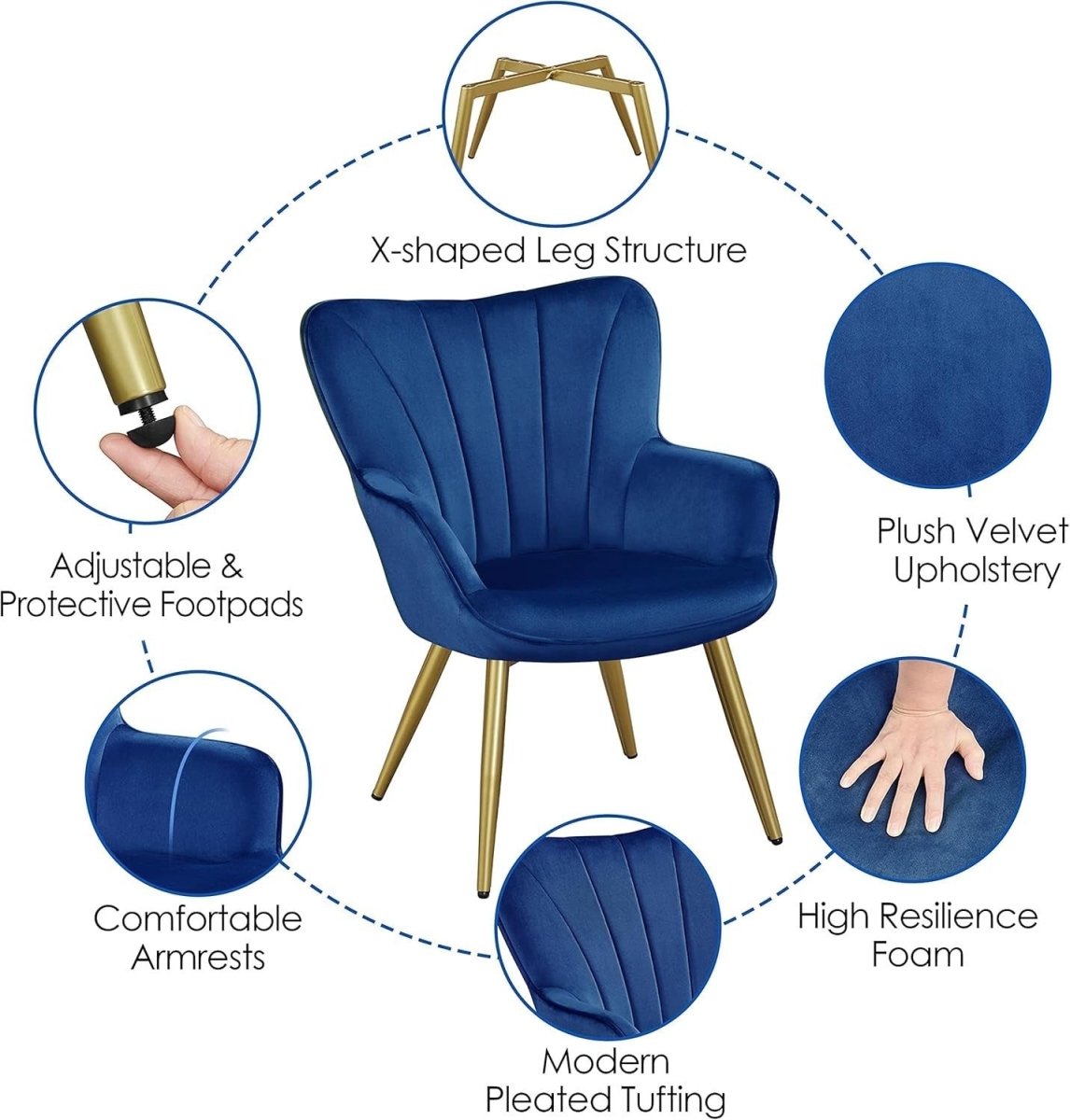 Dark Blue Velvet Accent Chair with High Back for Lounge, Vanity or Office - Kwikley