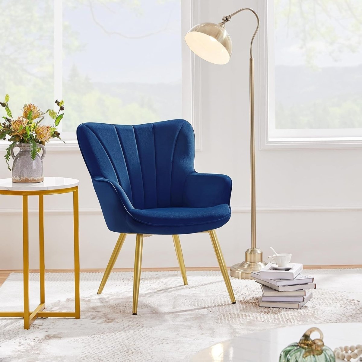 Dark Blue Velvet Accent Chair with High Back for Lounge, Vanity or Office - Kwikley