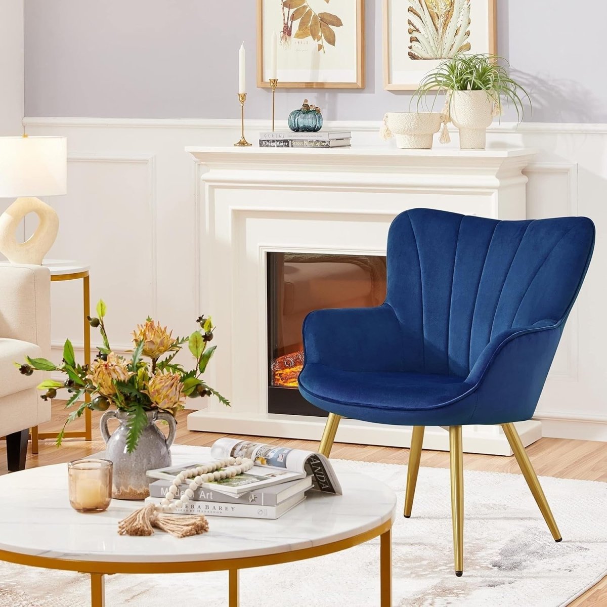 Dark Blue Velvet Accent Chair with High Back for Lounge, Vanity or Office - Kwikley