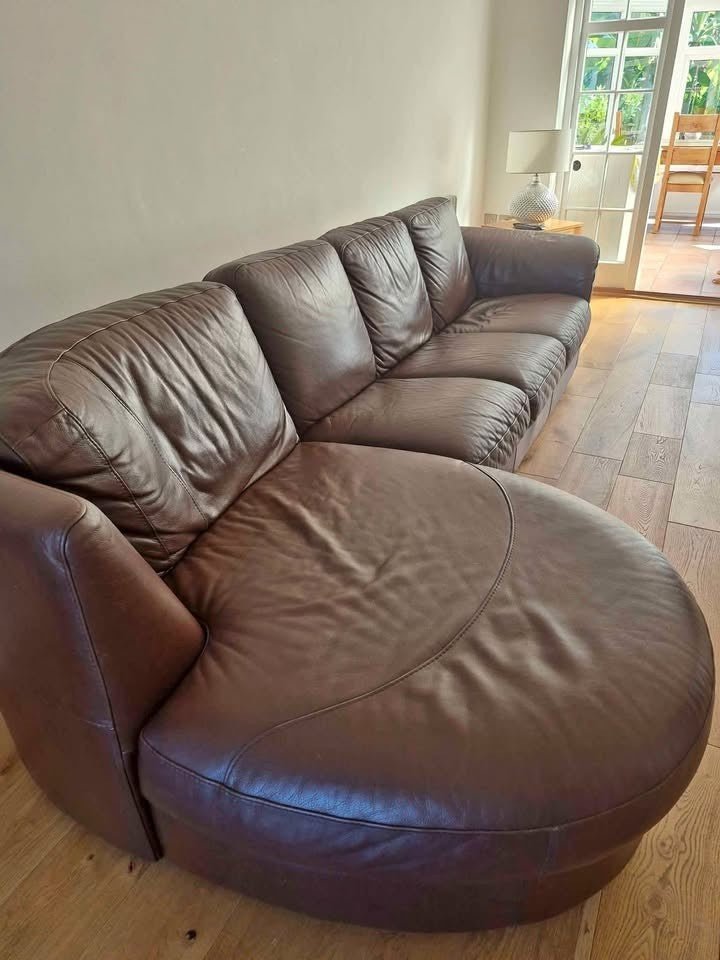 Dark Brown Sleek Plush Leather Corner Sofa (PTP) - Kwikley