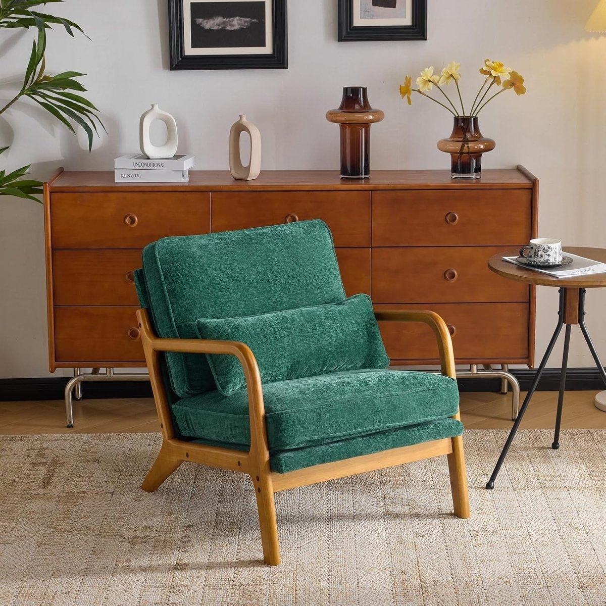 Dark Green Chenille Accent Chair – Solid Wood Lounge Armchair - Kwikley