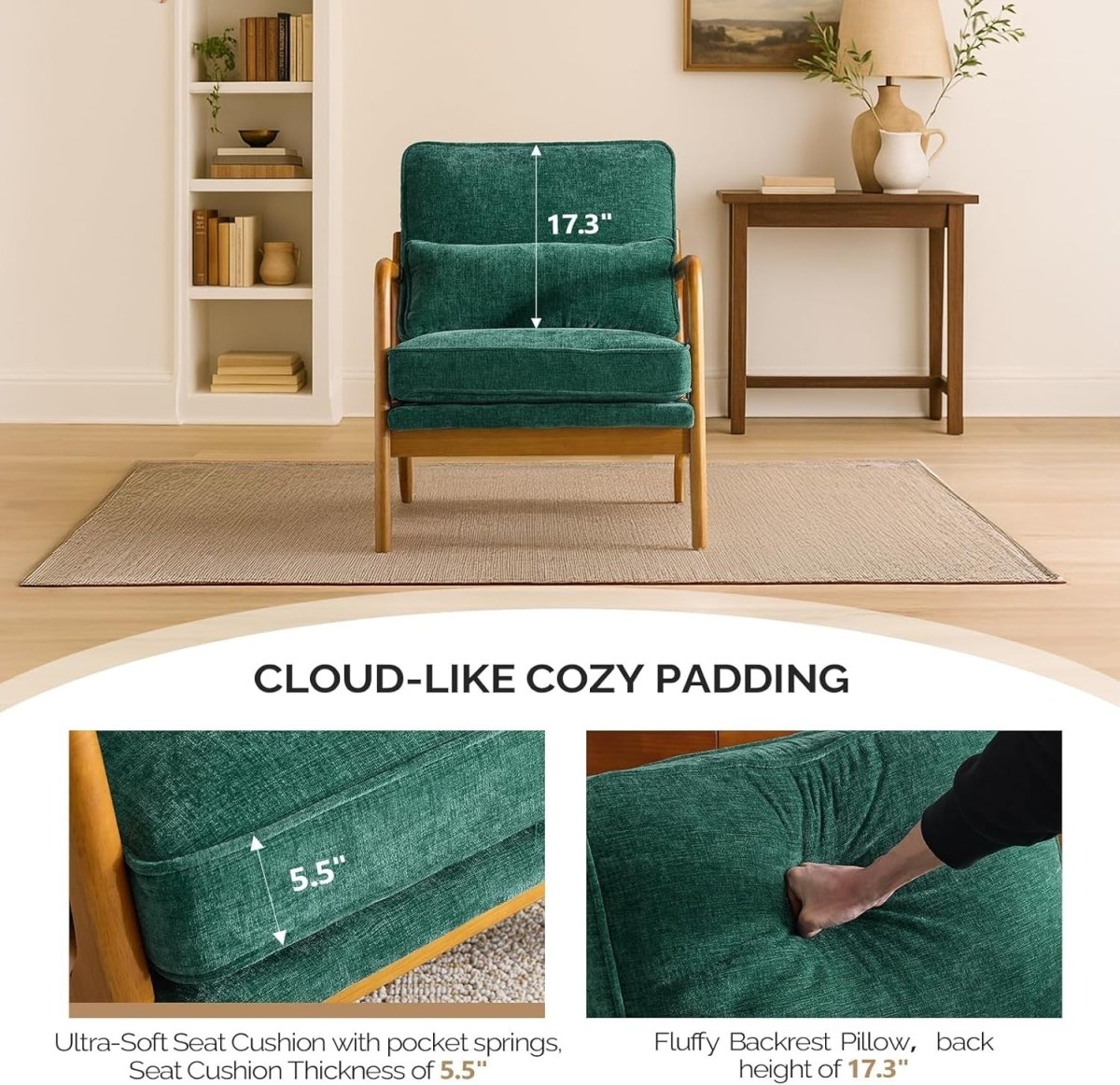 Dark Green Chenille Accent Chair – Solid Wood Lounge Armchair - Kwikley
