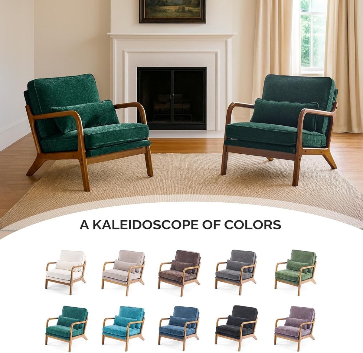 Dark Green Chenille Accent Chair – Solid Wood Lounge Armchair - Kwikley