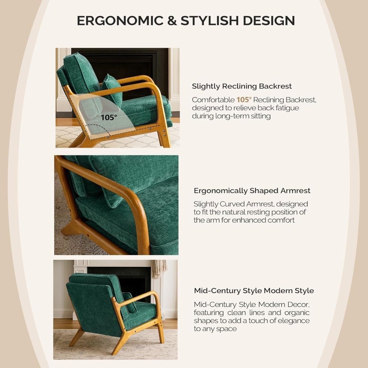 Dark Green Chenille Accent Chair – Solid Wood Lounge Armchair - Kwikley