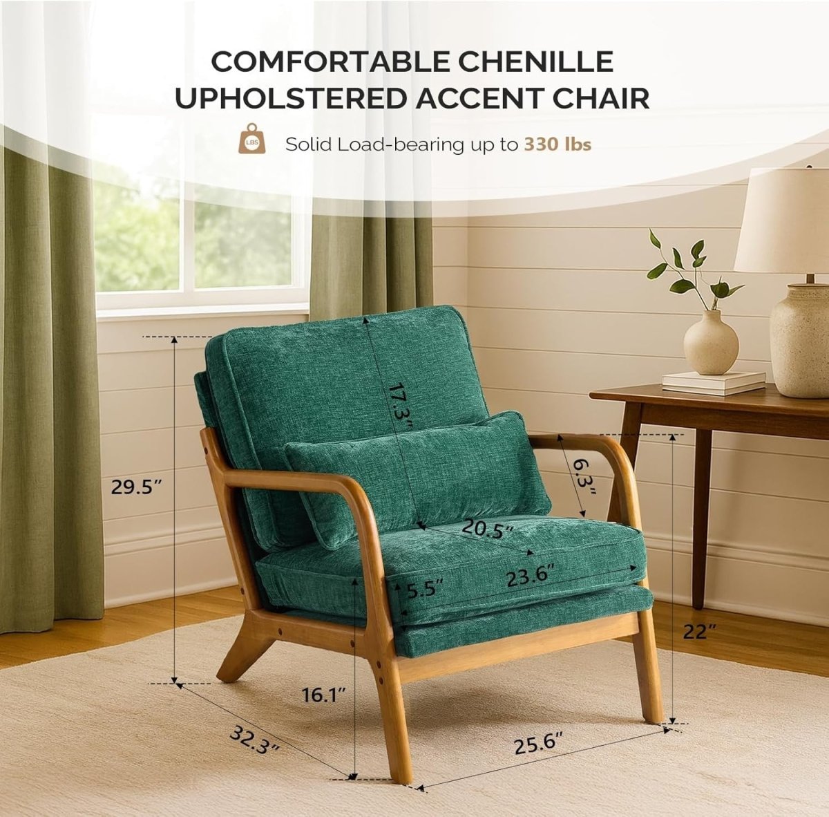 Dark Green Chenille Accent Chair – Solid Wood Lounge Armchair - Kwikley