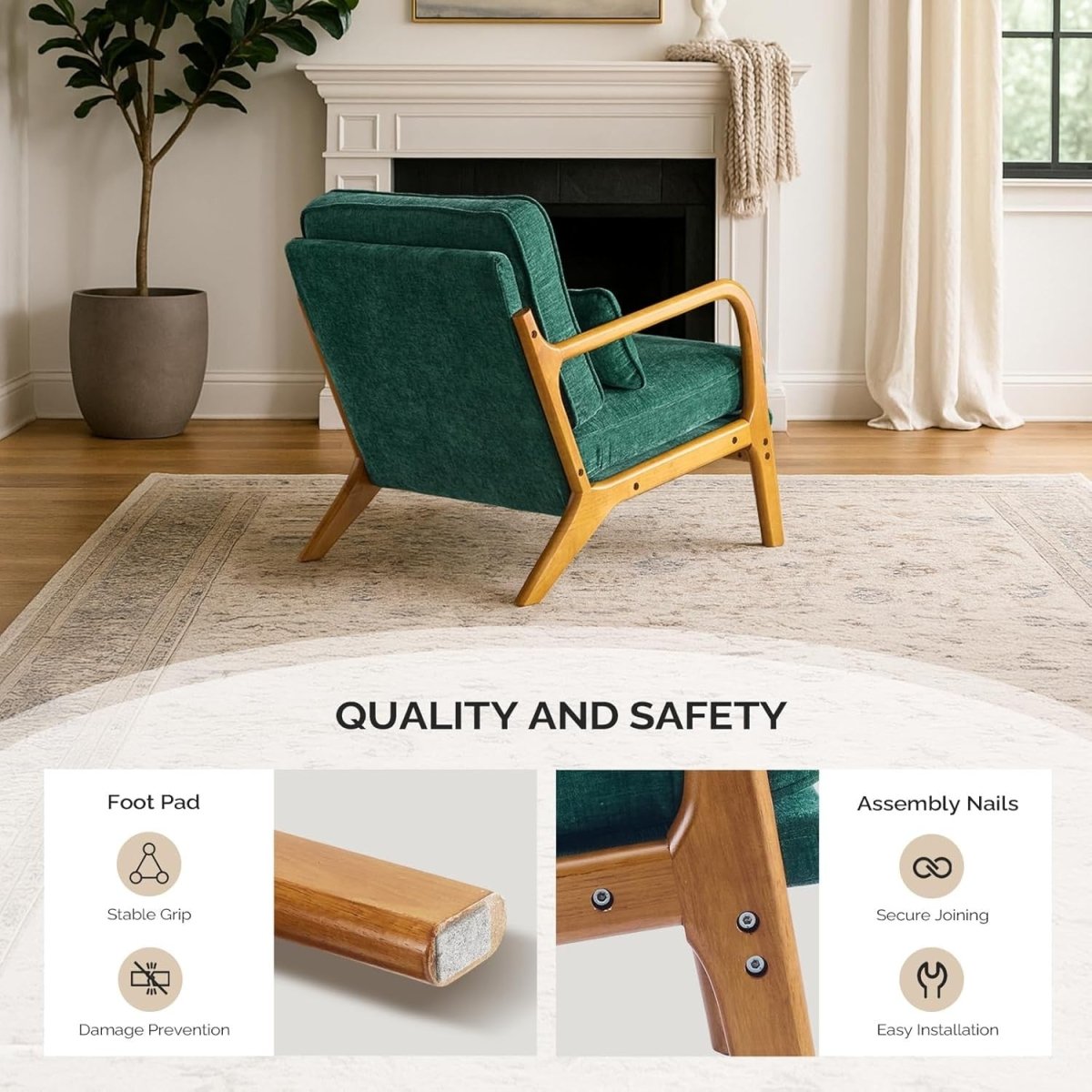 Dark Green Chenille Accent Chair – Solid Wood Lounge Armchair - Kwikley
