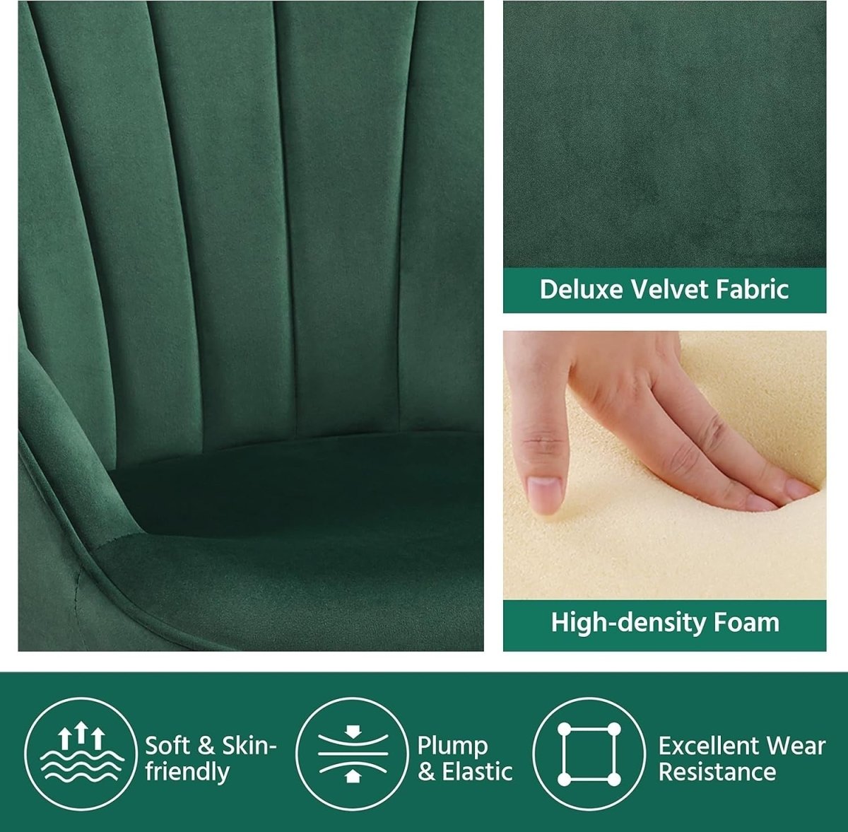 Dark Green Velvet Accent Chair with High Back for Lounge, Vanity or Office - Kwikley
