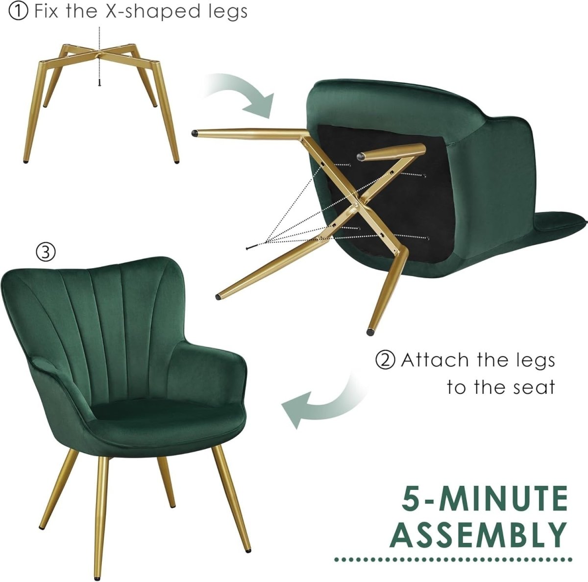 Dark Green Velvet Accent Chair with High Back for Lounge, Vanity or Office - Kwikley