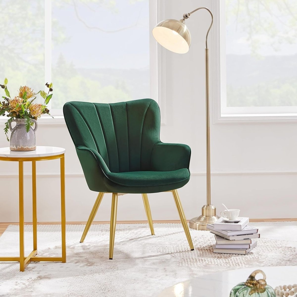 Dark Green Velvet Accent Chair with High Back for Lounge, Vanity or Office - Kwikley