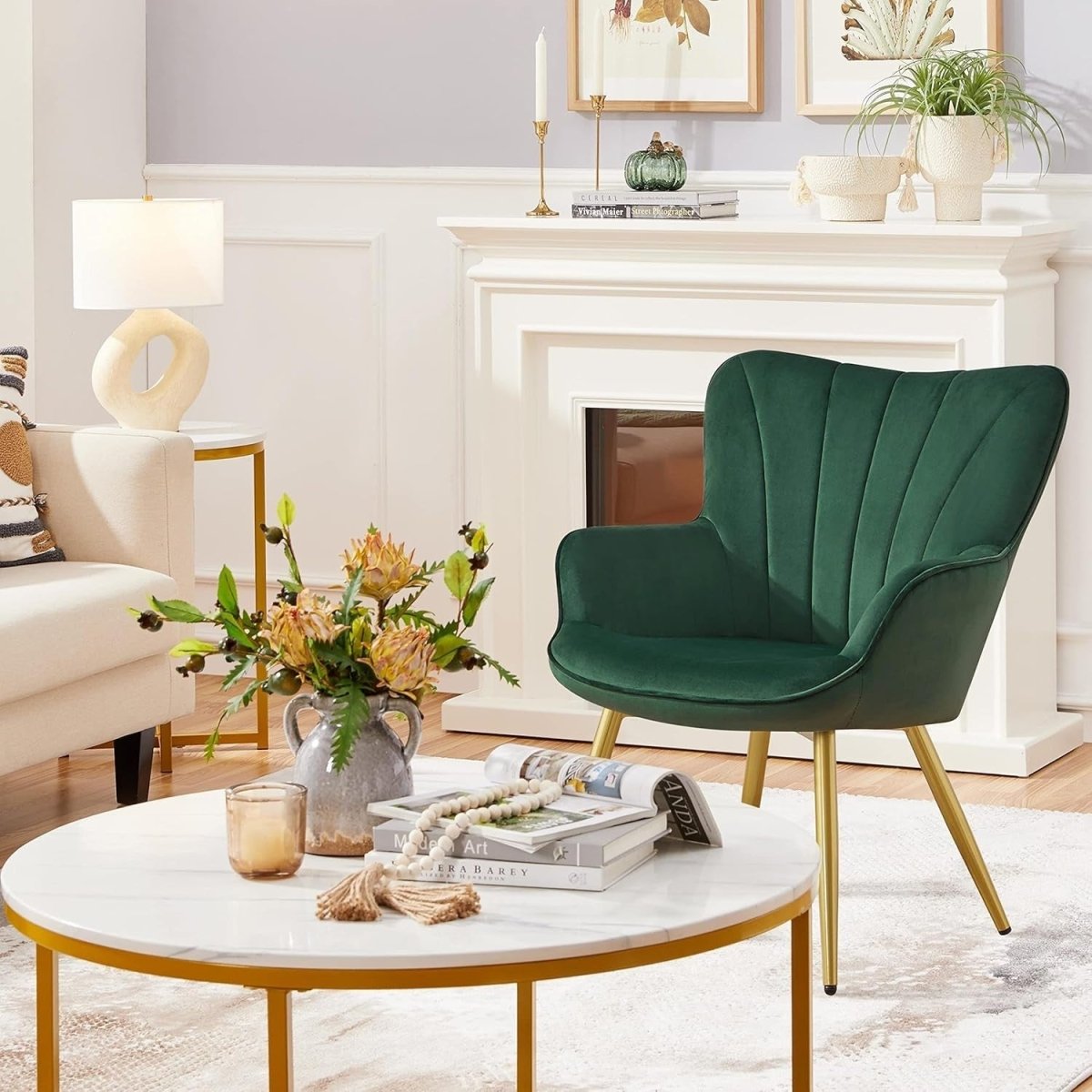 Dark Green Velvet Accent Chair with High Back for Lounge, Vanity or Office - Kwikley