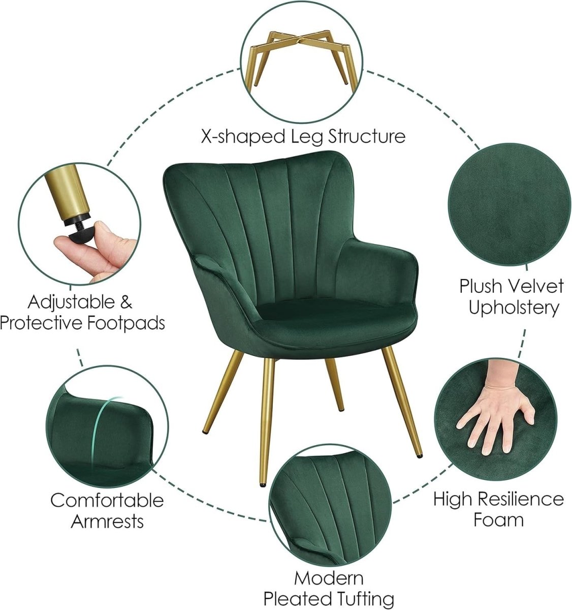 Dark Green Velvet Accent Chair with High Back for Lounge, Vanity or Office - Kwikley