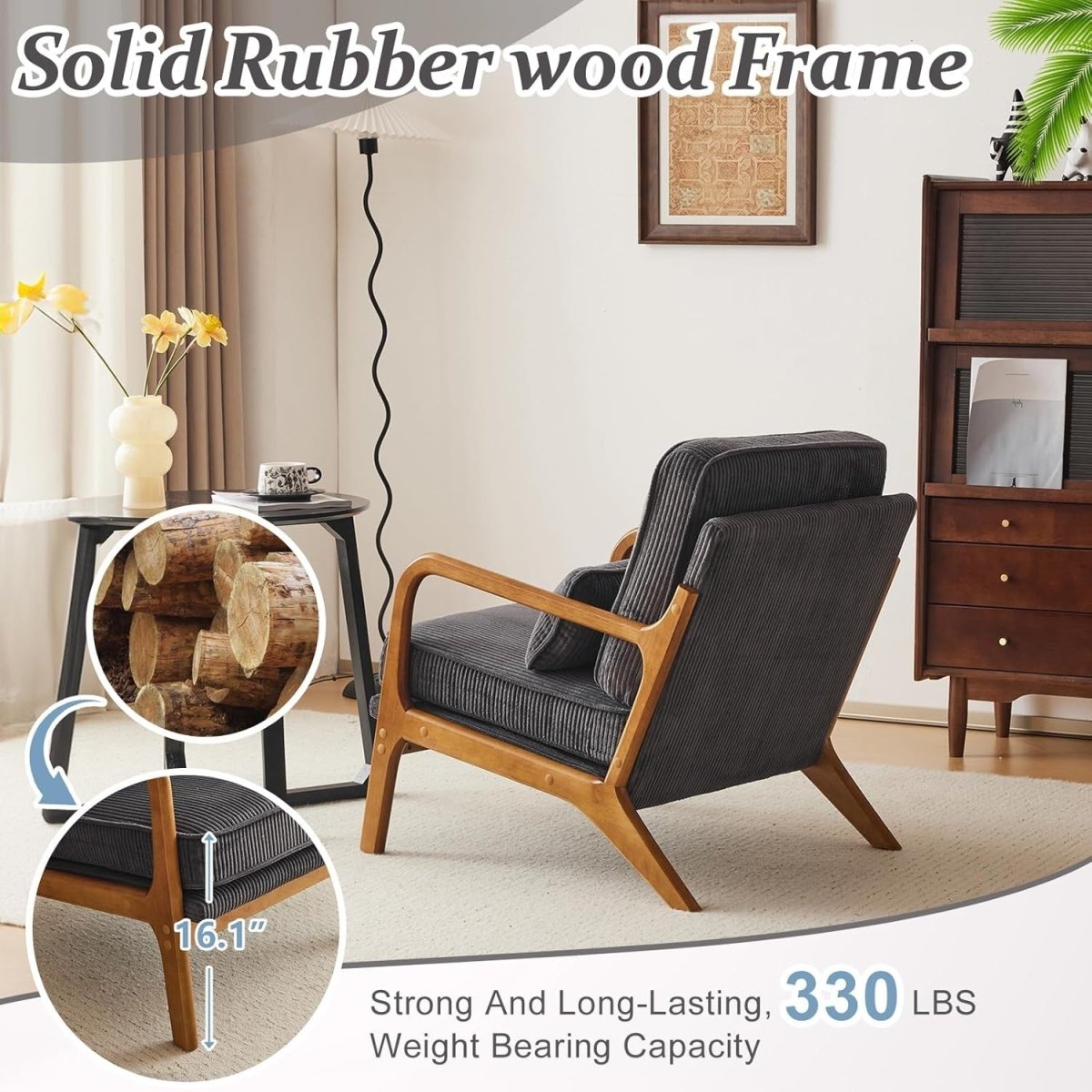 Dark Grey Corduroy Accent Chair – Solid Wood Lounge Armchair - Kwikley