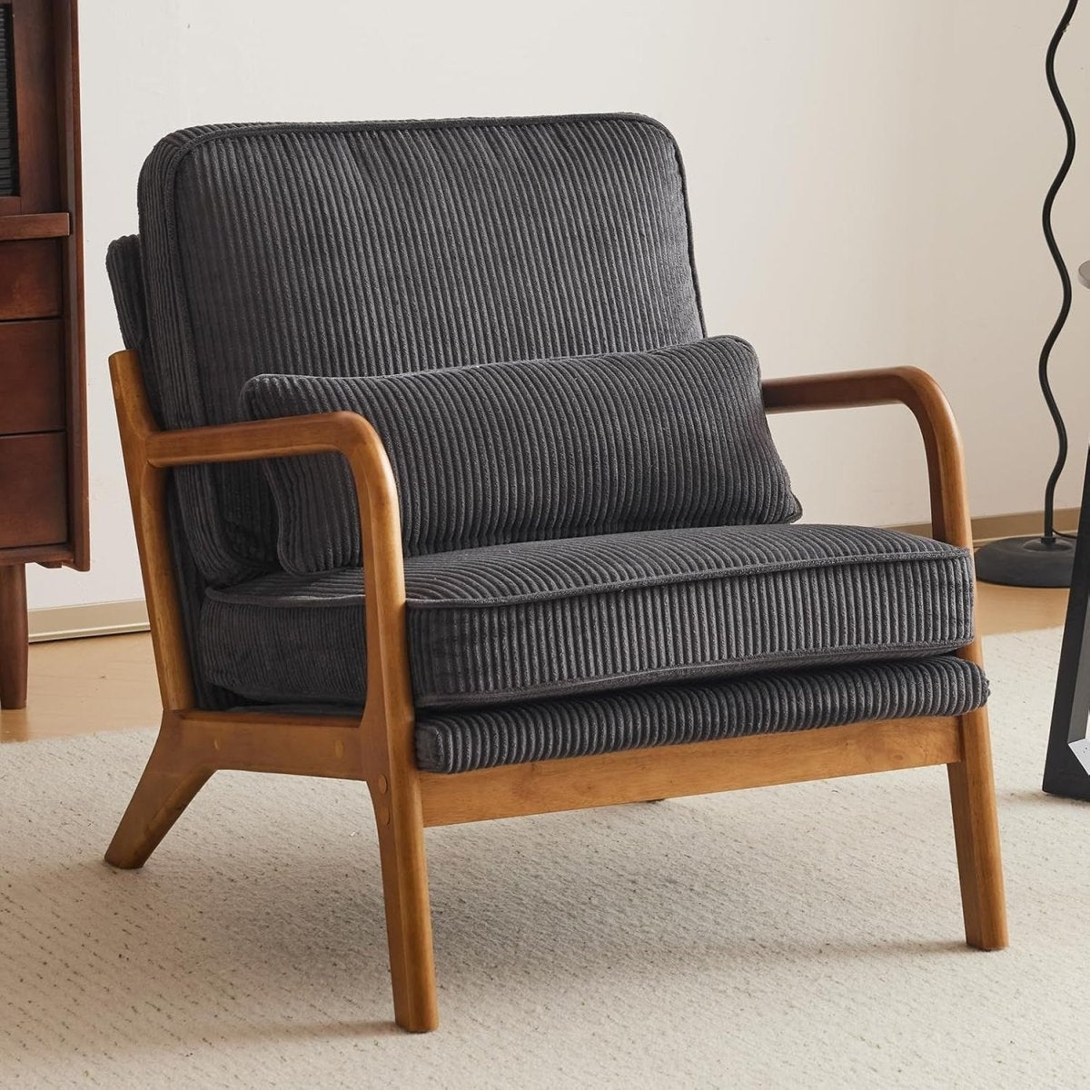 Dark Grey Corduroy Accent Chair – Solid Wood Lounge Armchair - Kwikley