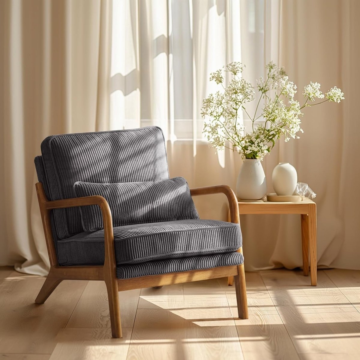 Dark Grey Corduroy Accent Chair – Solid Wood Lounge Armchair - Kwikley