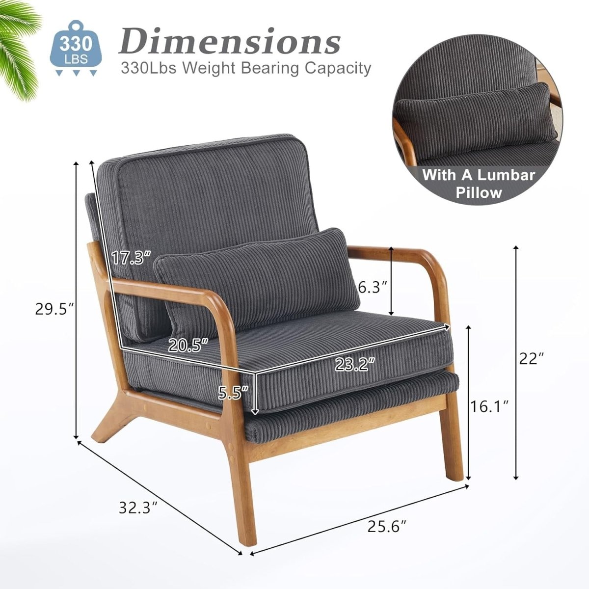 Dark Grey Corduroy Accent Chair – Solid Wood Lounge Armchair - Kwikley