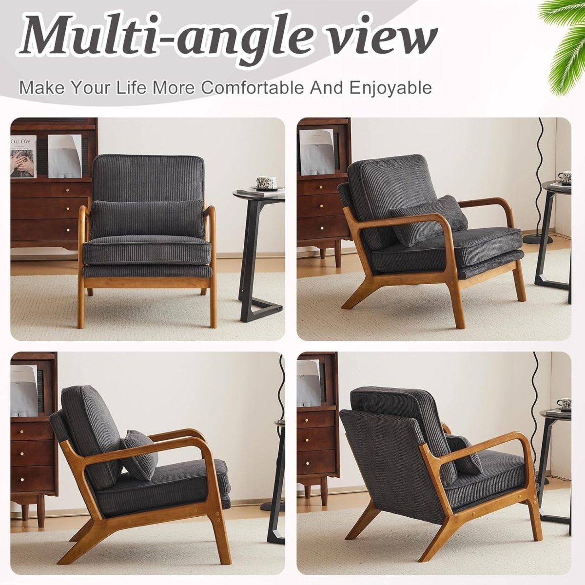 Dark Grey Corduroy Accent Chair – Solid Wood Lounge Armchair - Kwikley