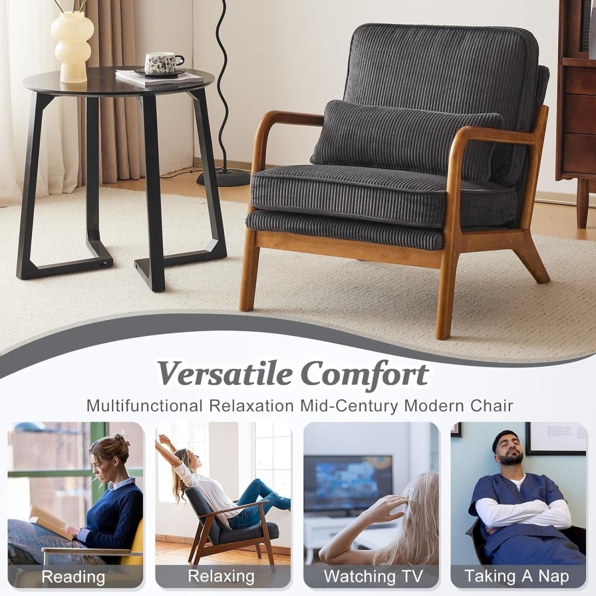 Dark Grey Corduroy Accent Chair – Solid Wood Lounge Armchair - Kwikley