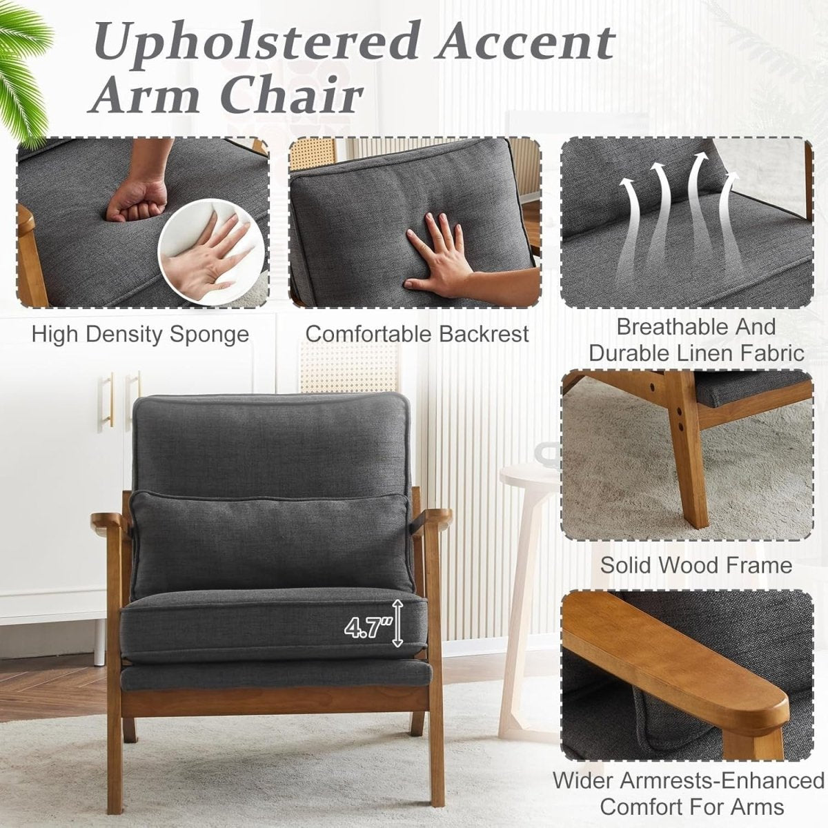 Dark Grey Fabric Accent Chair – Solid Wood Lounge Armchair - Kwikley