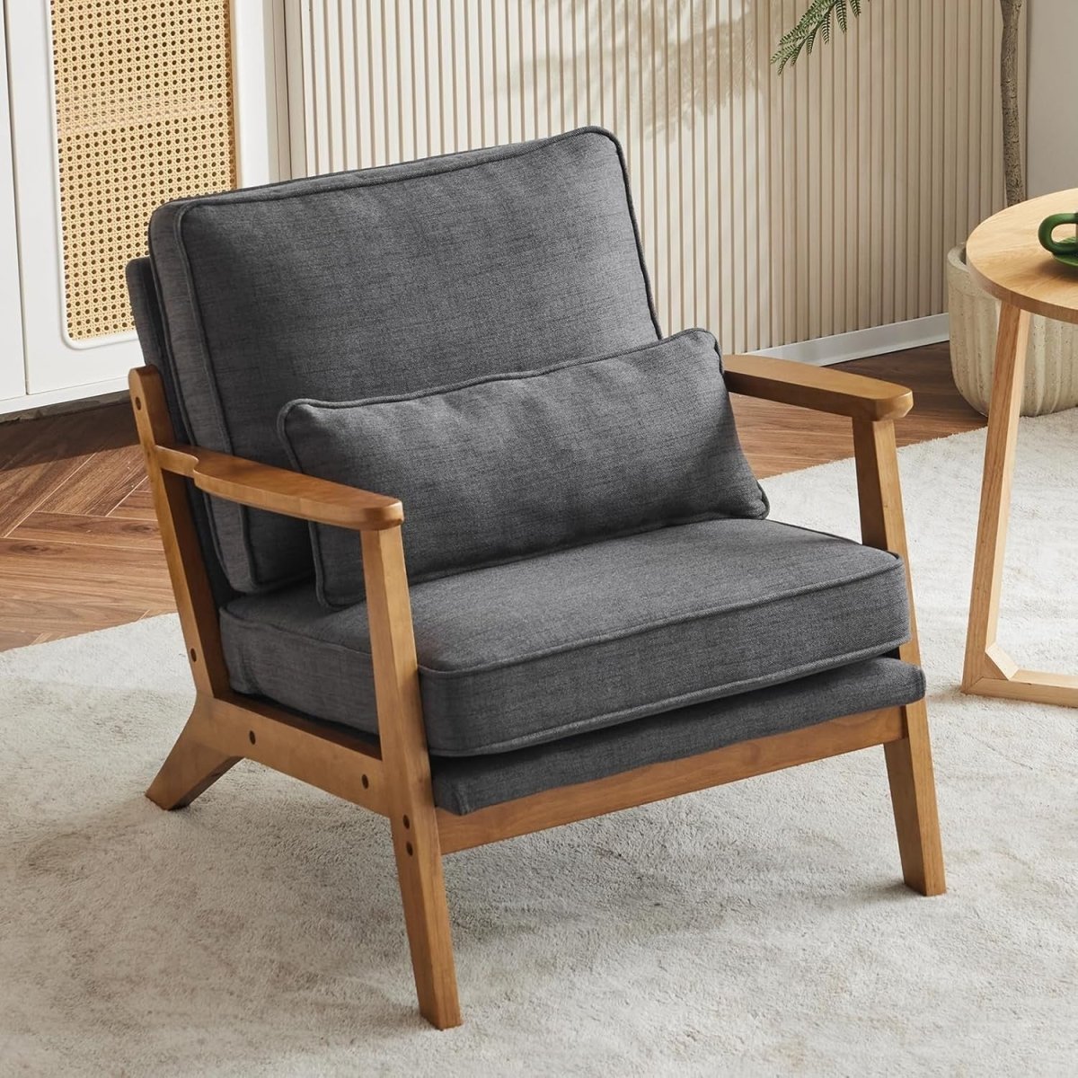 Dark Grey Fabric Accent Chair – Solid Wood Lounge Armchair - Kwikley