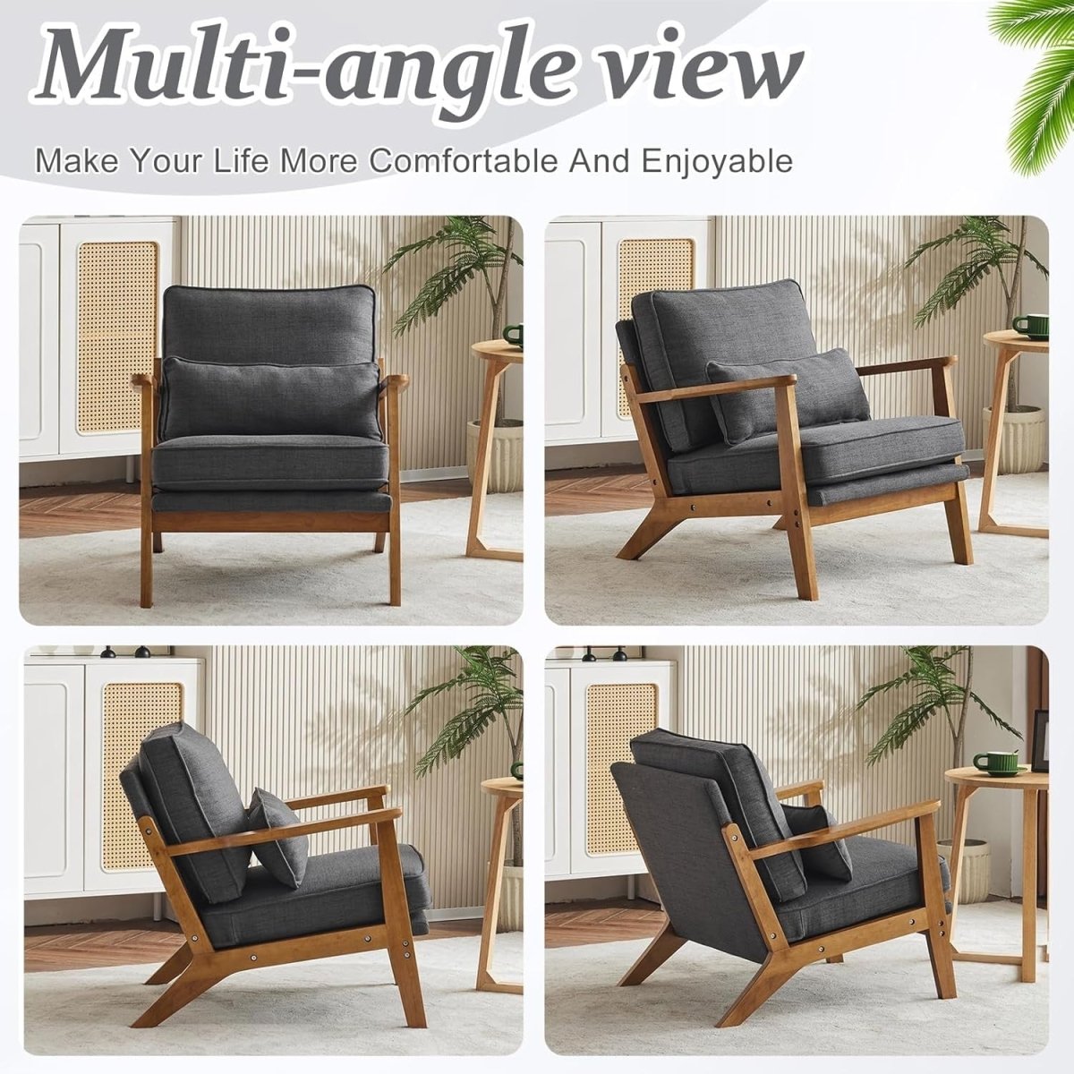 Dark Grey Fabric Accent Chair – Solid Wood Lounge Armchair - Kwikley