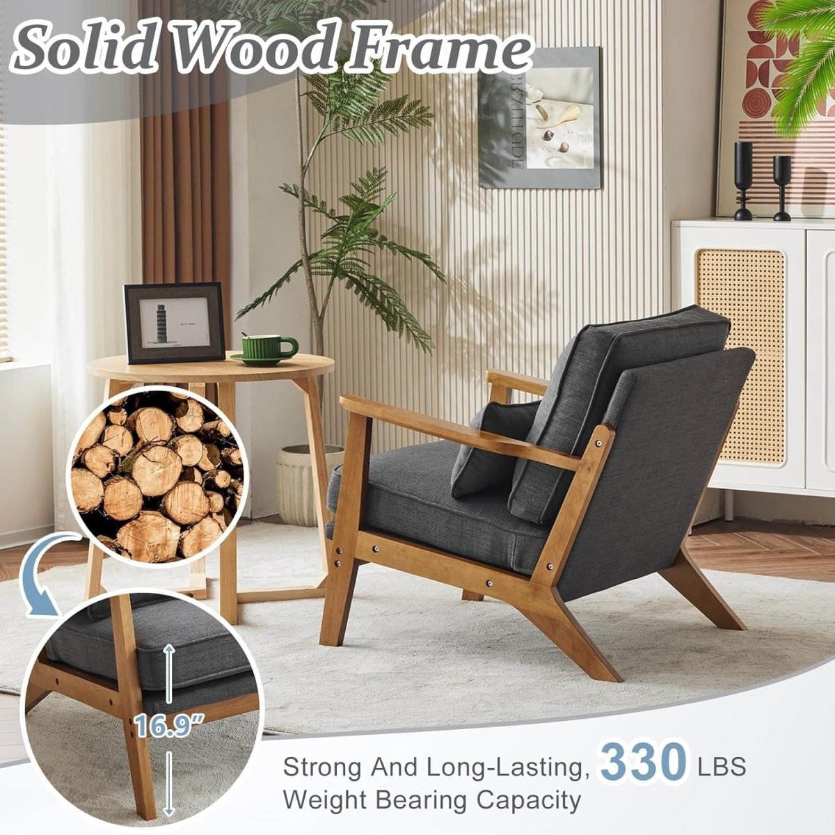 Dark Grey Fabric Accent Chair – Solid Wood Lounge Armchair - Kwikley