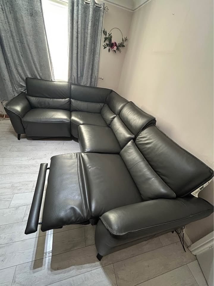 Dark Grey Luxe Reclining Leather Corner Sofa (PTP) - Kwikley