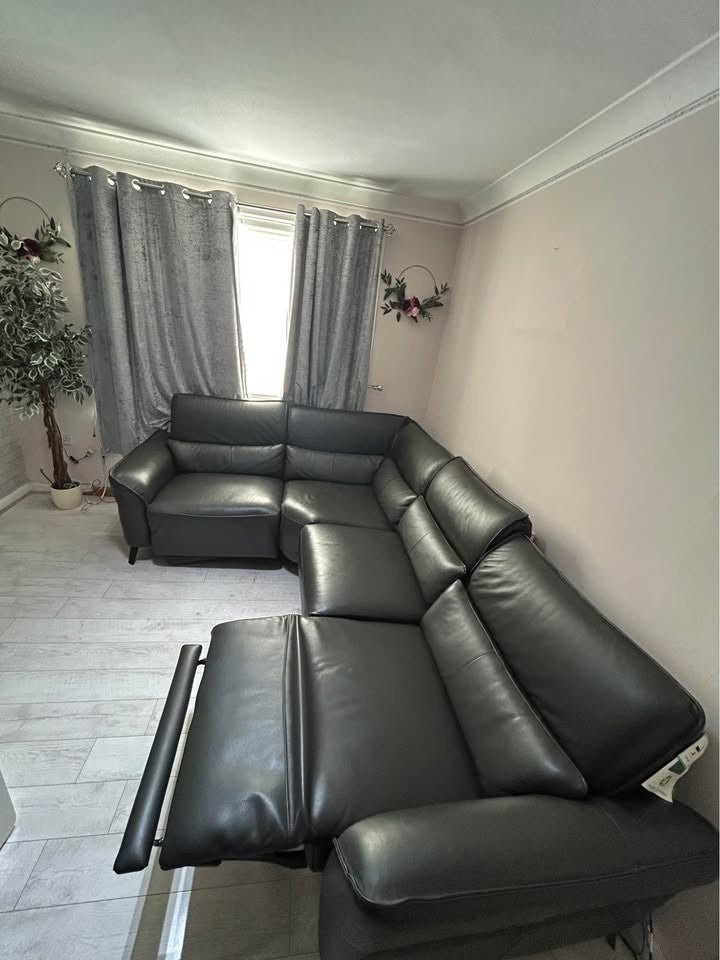 Dark Grey Luxe Reclining Leather Corner Sofa (PTP) - Kwikley