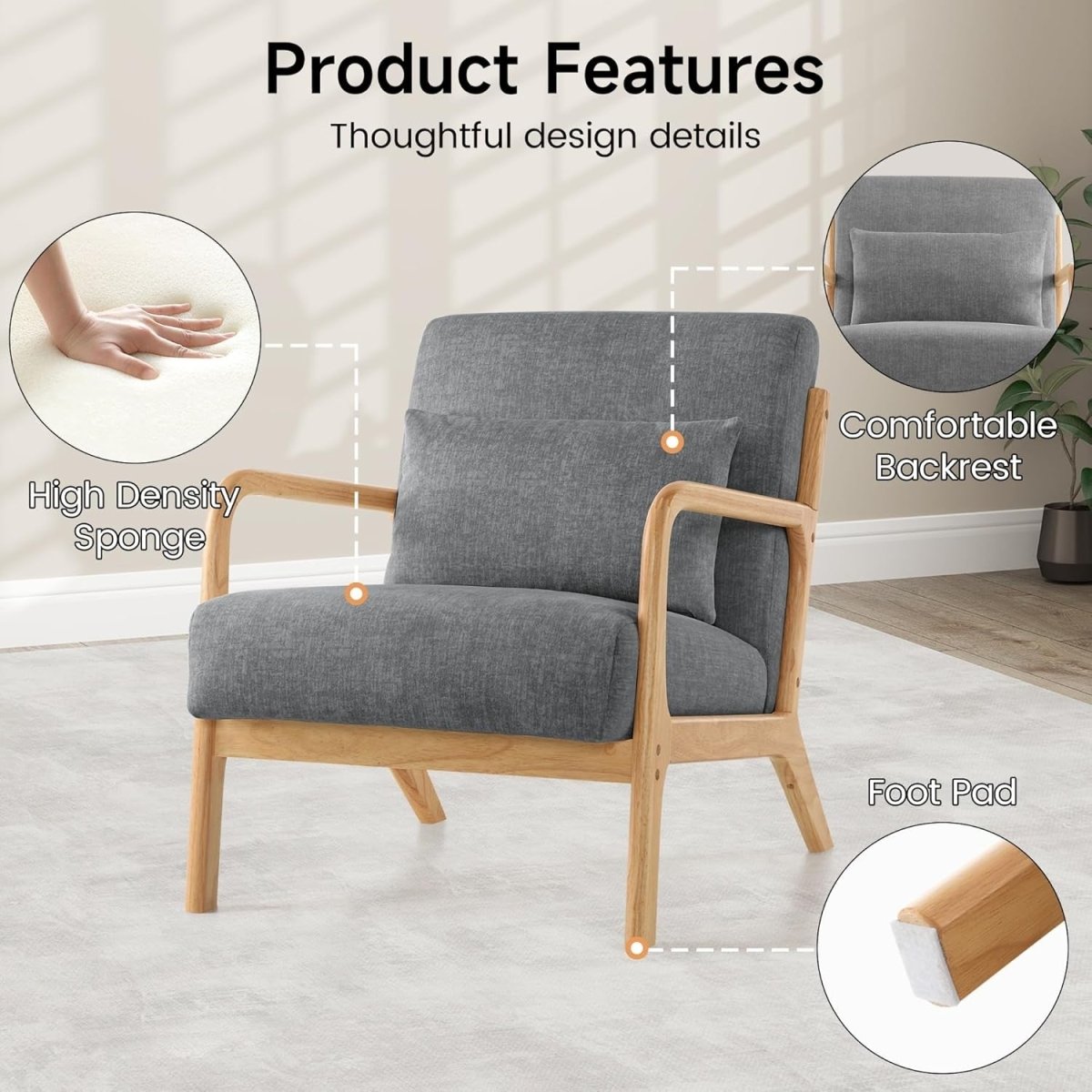 Dark Grey Mid Century Accent Chair Wood Frame Lounge Armchair - Kwikley