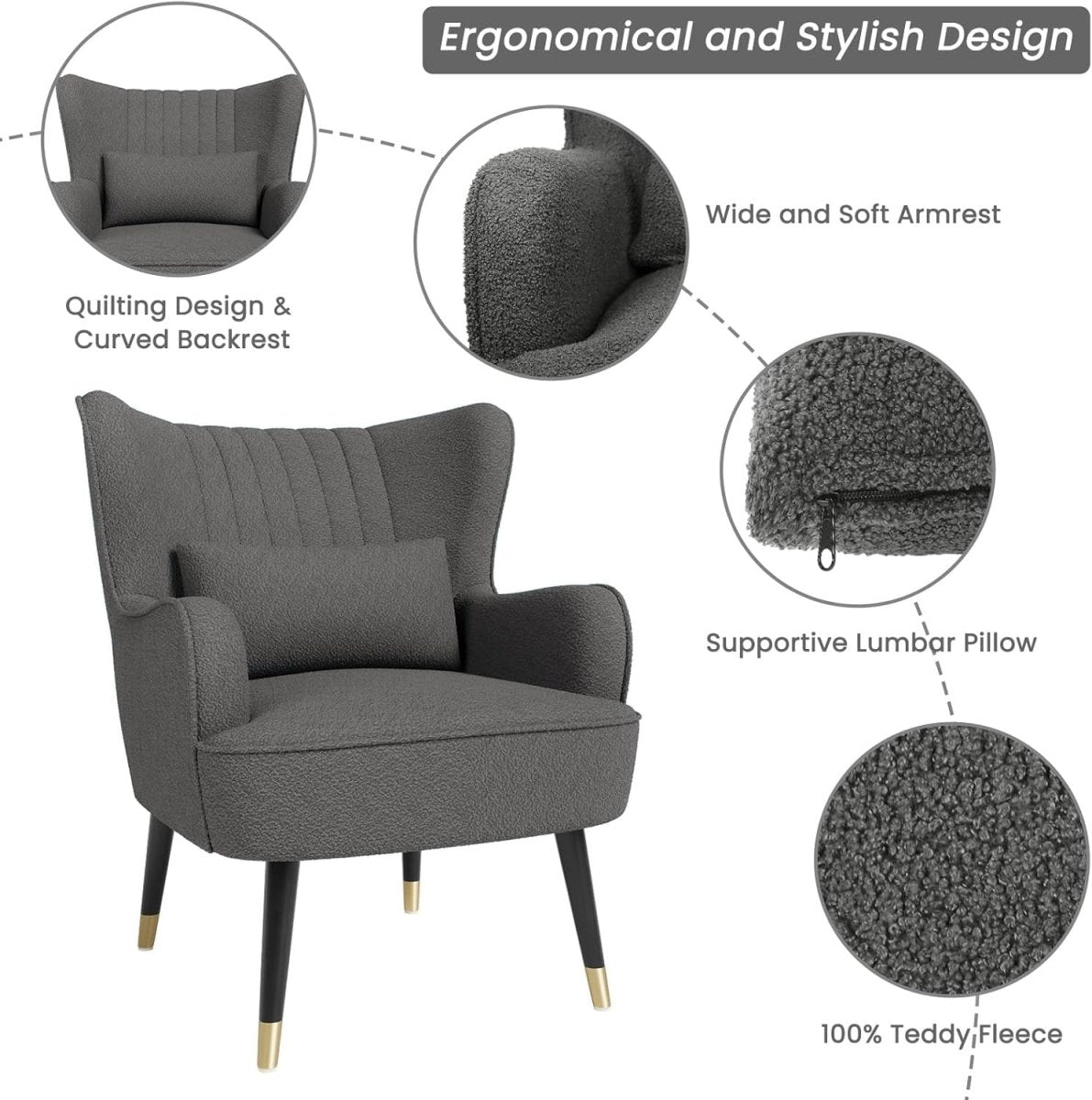 Dark Grey Teddy Fleece Wing Back Accent Lounge Chair - Kwikley