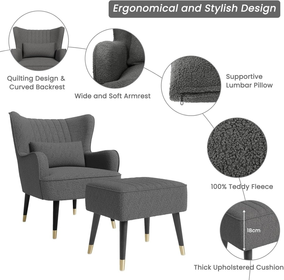 Dark Grey Teddy Fleece Wing Back Chair & Footstool Set - Kwikley