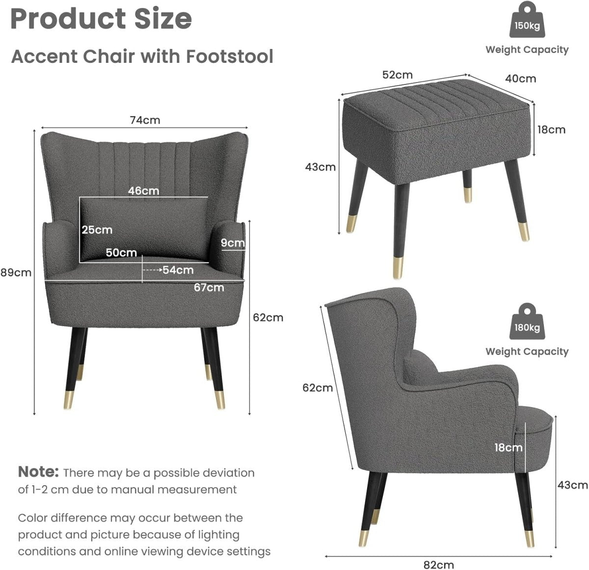 Dark Grey Teddy Fleece Wing Back Chair & Footstool Set - Kwikley