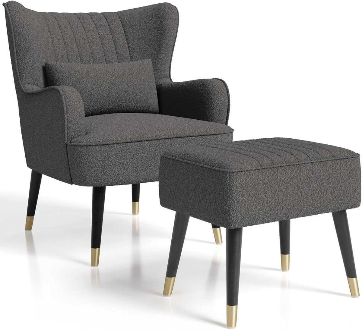 Dark Grey Teddy Fleece Wing Back Chair & Footstool Set - Kwikley