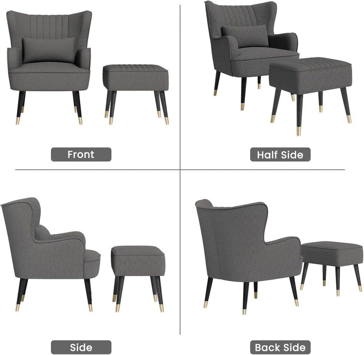 Dark Grey Teddy Fleece Wing Back Chair & Footstool Set - Kwikley