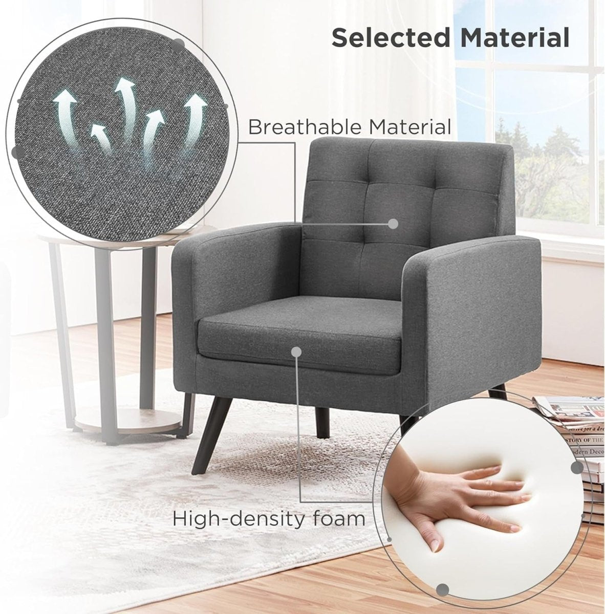 Dark Grey Tufted Accent Chair Mid Century Armchair for Lounge or Bedroom - Kwikley