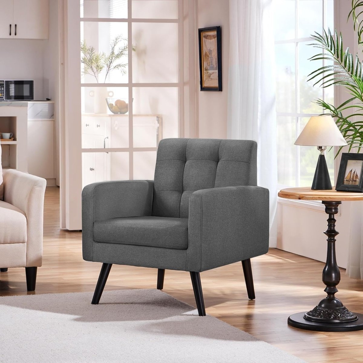 Dark Grey Tufted Accent Chair Mid Century Armchair for Lounge or Bedroom - Kwikley