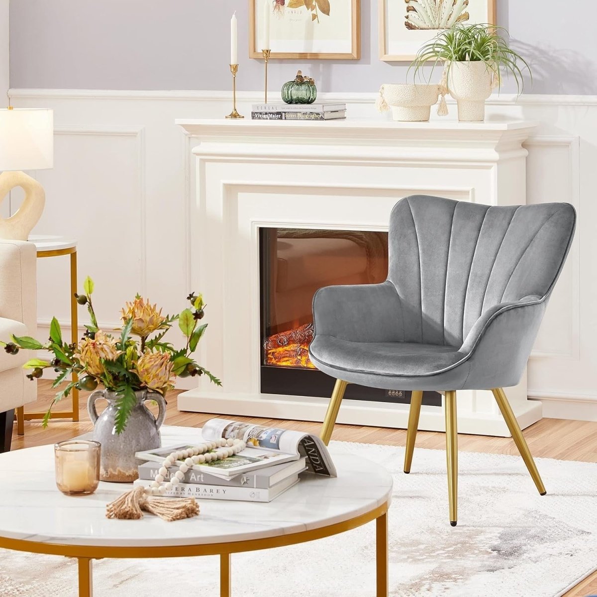 Dark Grey Velvet Accent Chair with High Back for Lounge, Vanity or Office - Kwikley