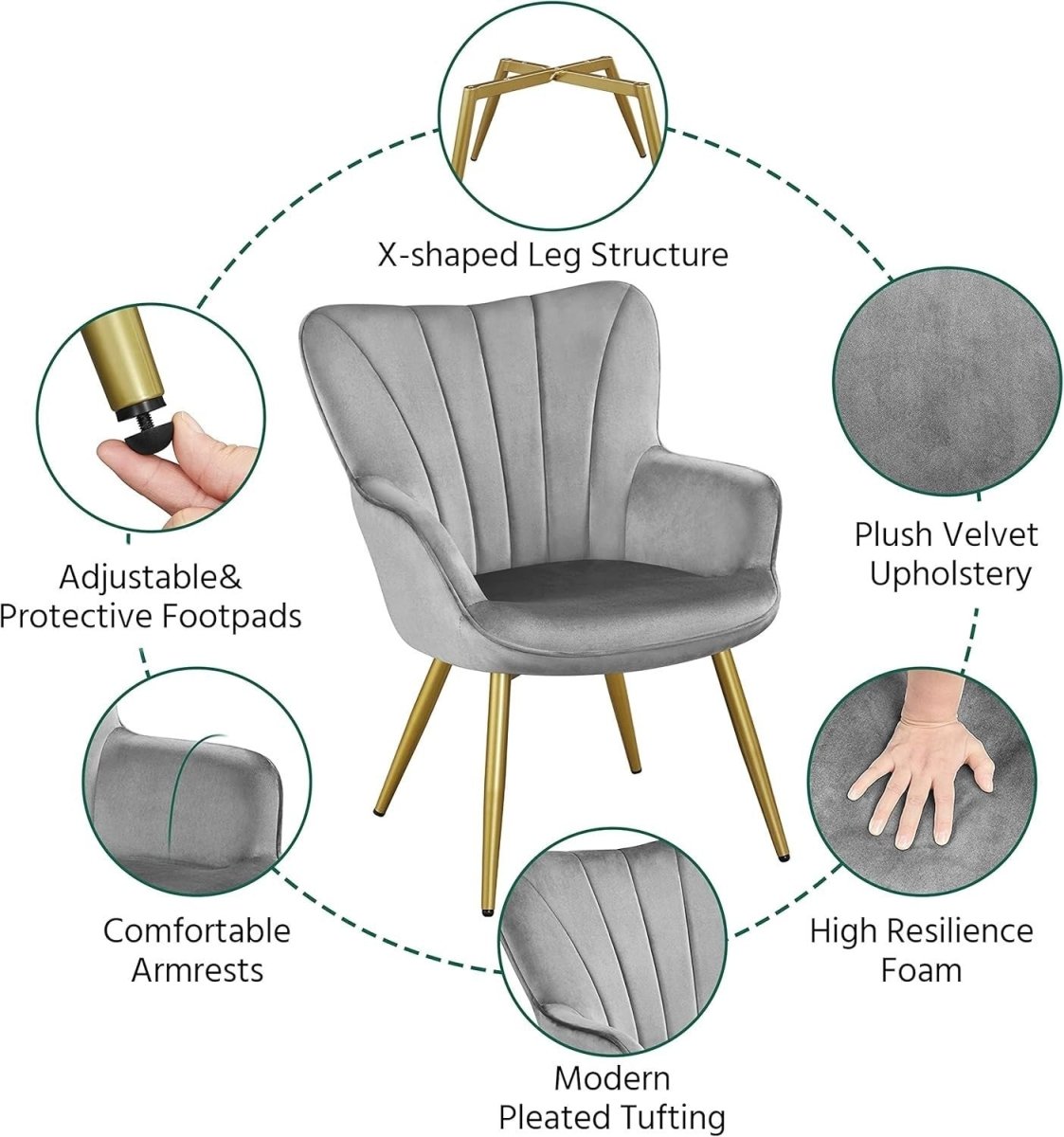 Dark Grey Velvet Accent Chair with High Back for Lounge, Vanity or Office - Kwikley