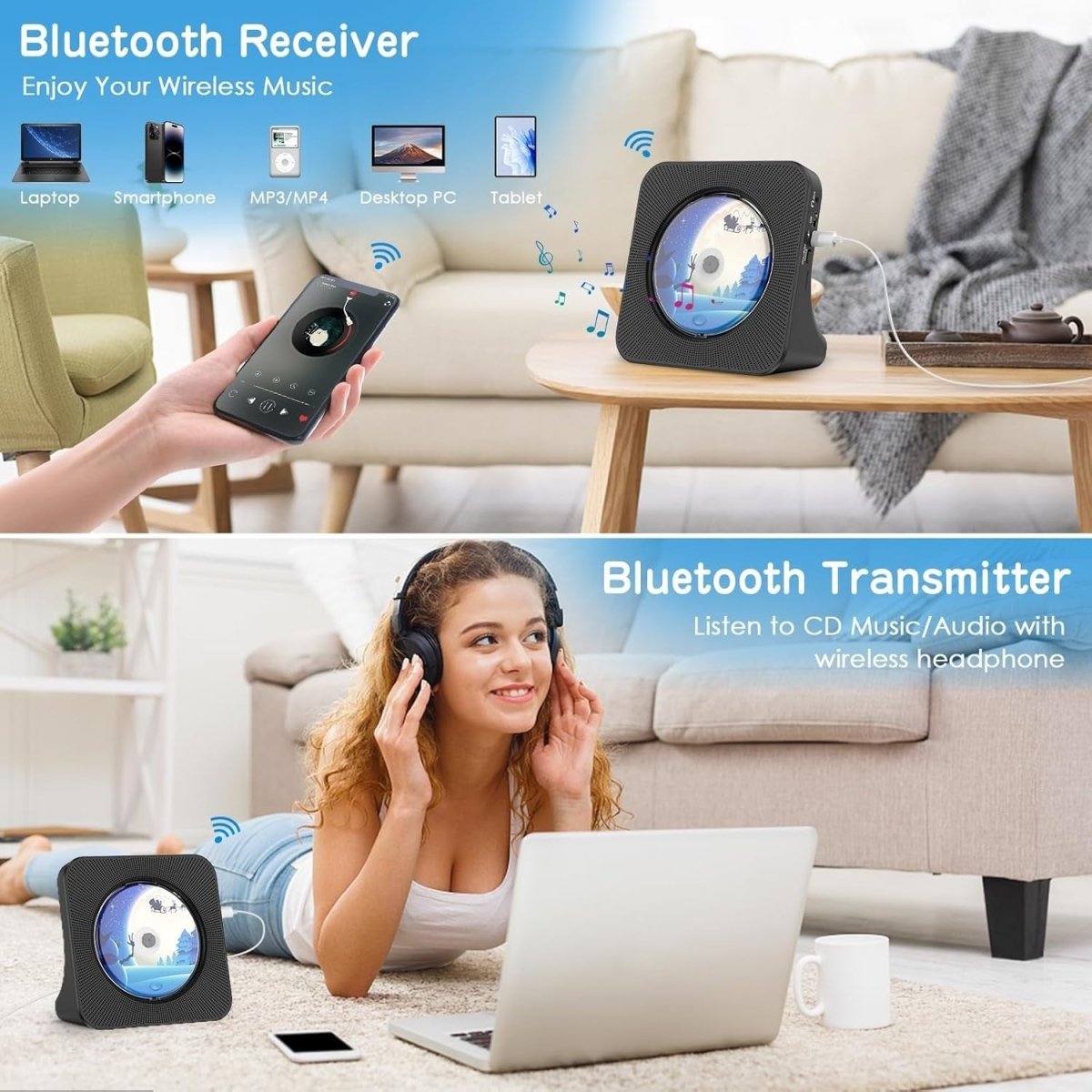 Desktop CD Player Bluetooth 5.0 Speakers FM Radio USB AUX Remote Black - Kwikley