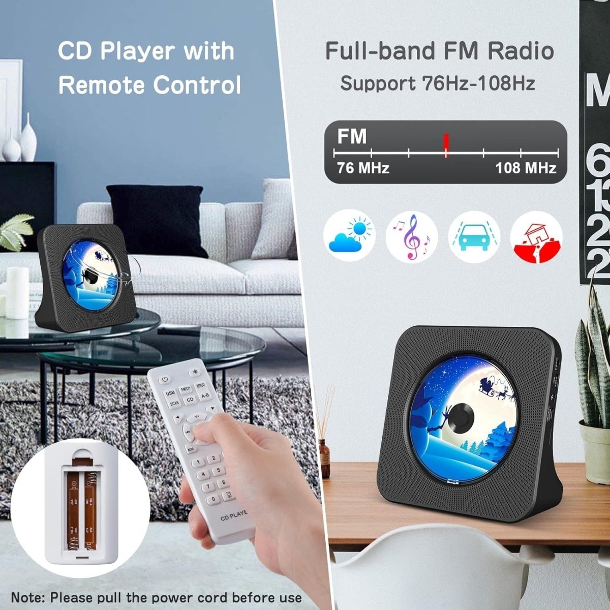 Desktop CD Player Bluetooth 5.0 Speakers FM Radio USB AUX Remote Black - Kwikley