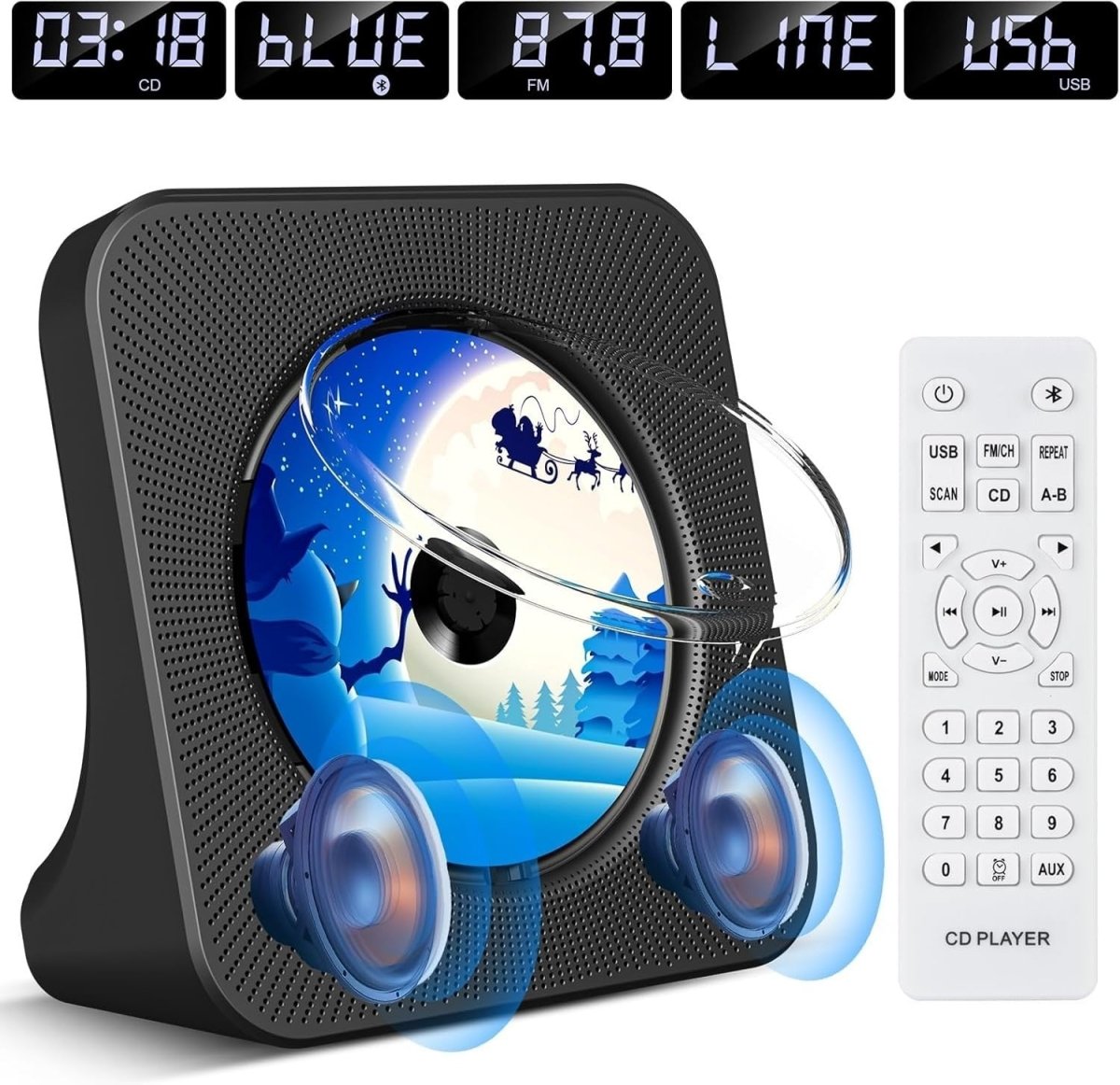 Desktop CD Player Bluetooth 5.0 Speakers FM Radio USB AUX Remote Black - Kwikley