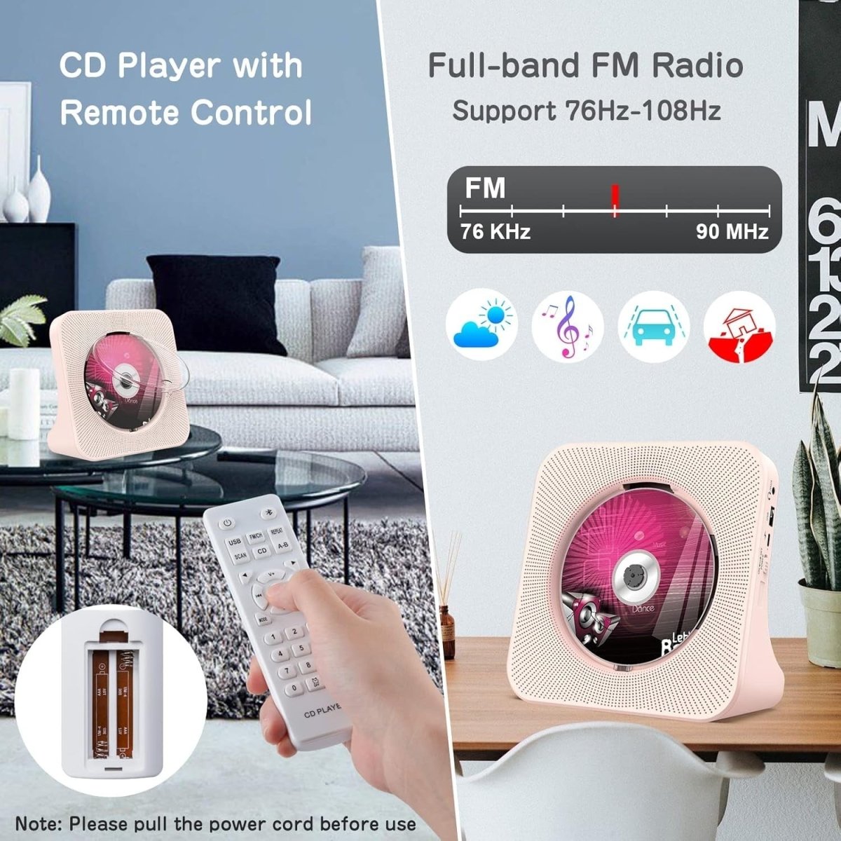 Desktop CD Player Bluetooth 5.0 Speakers FM Radio USB AUX Remote Pink - Kwikley