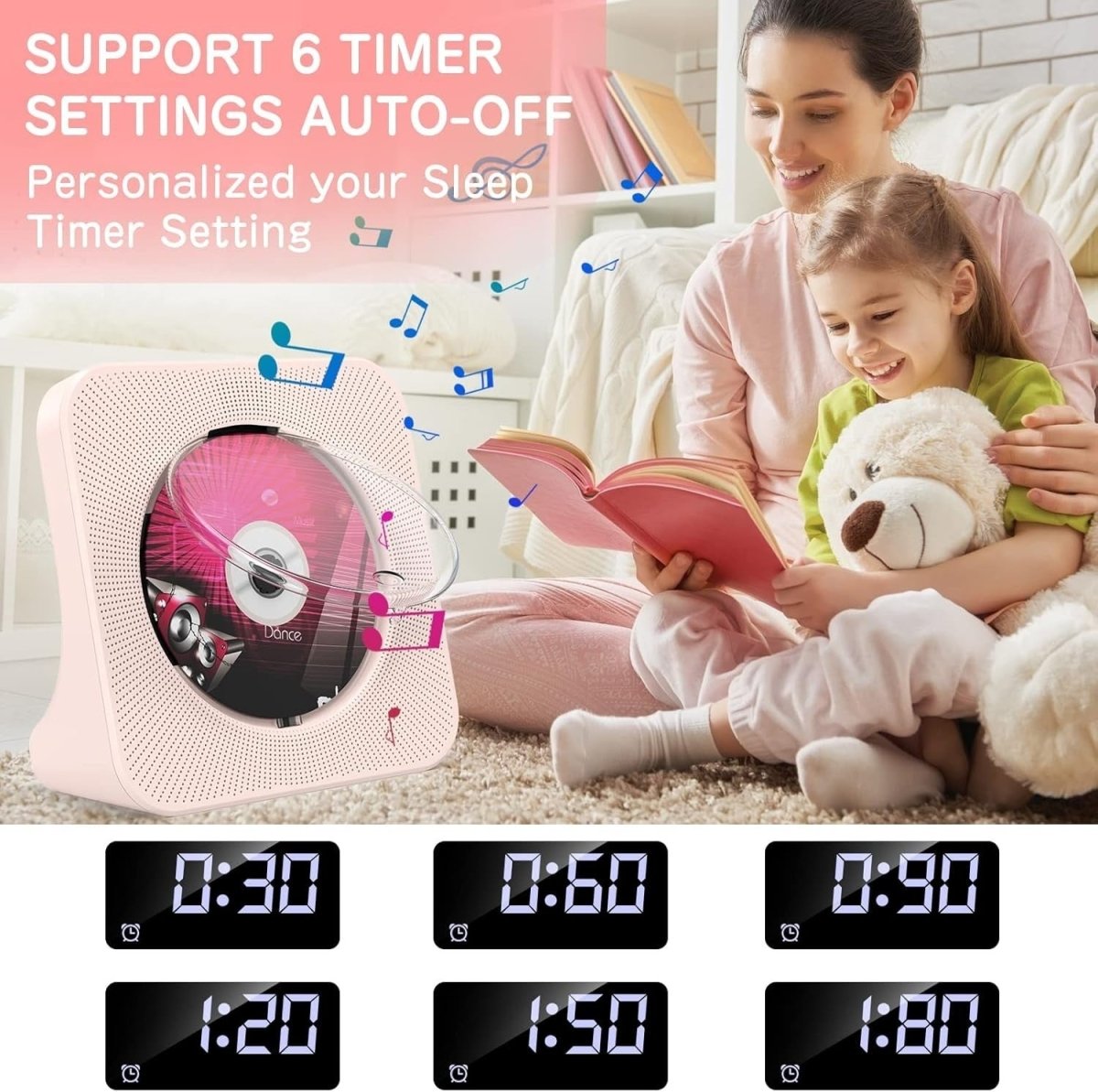 Desktop CD Player Bluetooth 5.0 Speakers FM Radio USB AUX Remote Pink - Kwikley