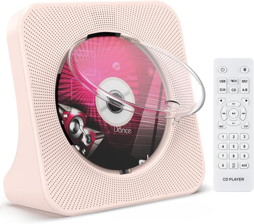 Desktop CD Player Bluetooth 5.0 Speakers FM Radio USB AUX Remote Pink - Kwikley