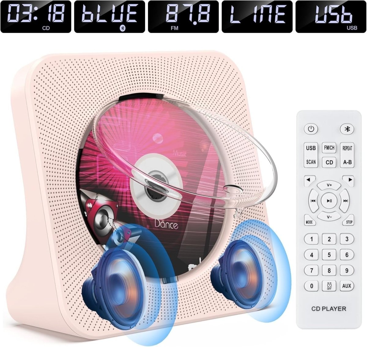 Desktop CD Player Bluetooth 5.0 Speakers FM Radio USB AUX Remote Pink - Kwikley