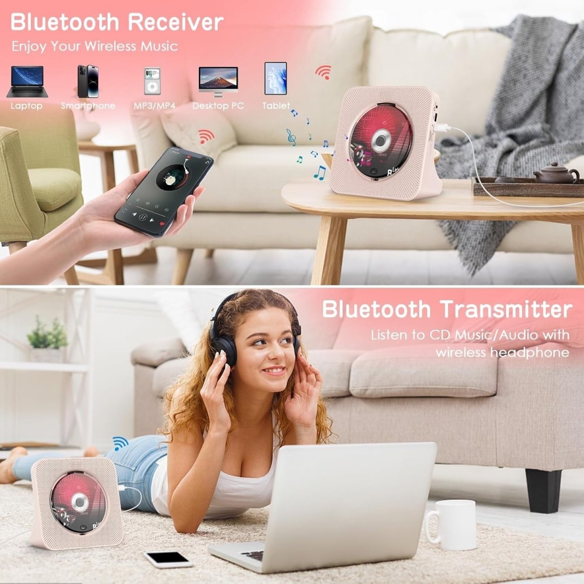 Desktop CD Player Bluetooth 5.0 Speakers FM Radio USB AUX Remote Pink - Kwikley