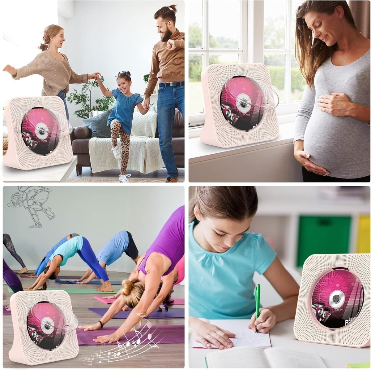 Desktop CD Player Bluetooth 5.0 Speakers FM Radio USB AUX Remote Pink - Kwikley