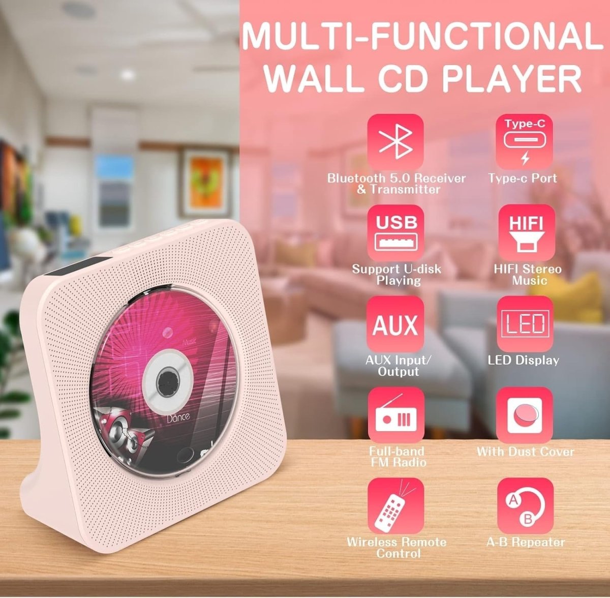 Desktop CD Player Bluetooth 5.0 Speakers FM Radio USB AUX Remote Pink - Kwikley