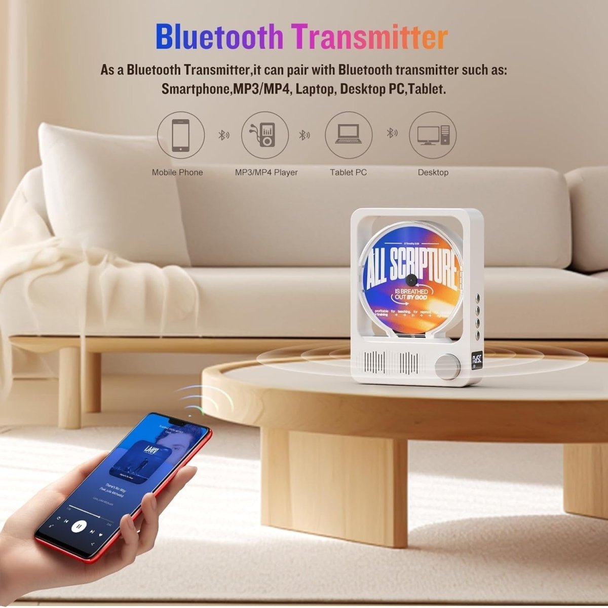 Desktop CD Player Bluetooth 5.3 HiFi Speakers LED Remote White - Kwikley