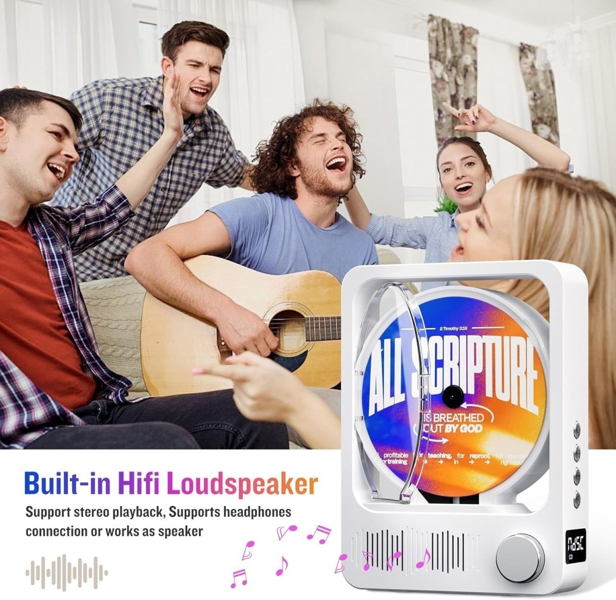 Desktop CD Player Bluetooth 5.3 HiFi Speakers LED Remote White - Kwikley